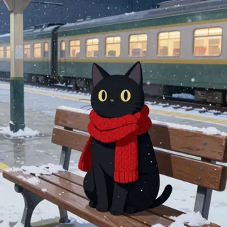 雪の駅の黒猫