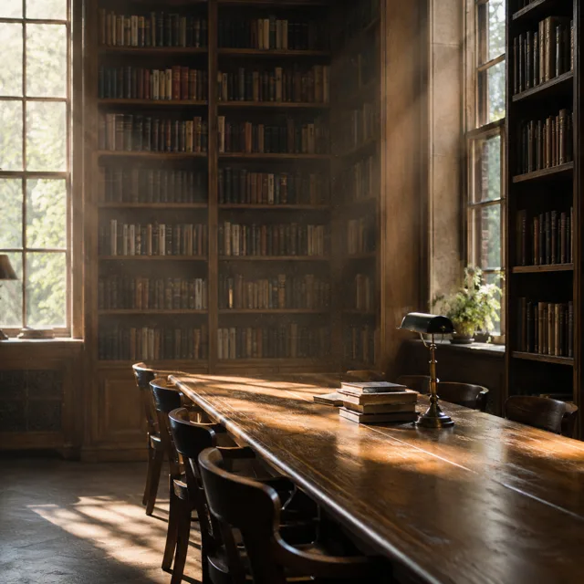 木の書架の図書室